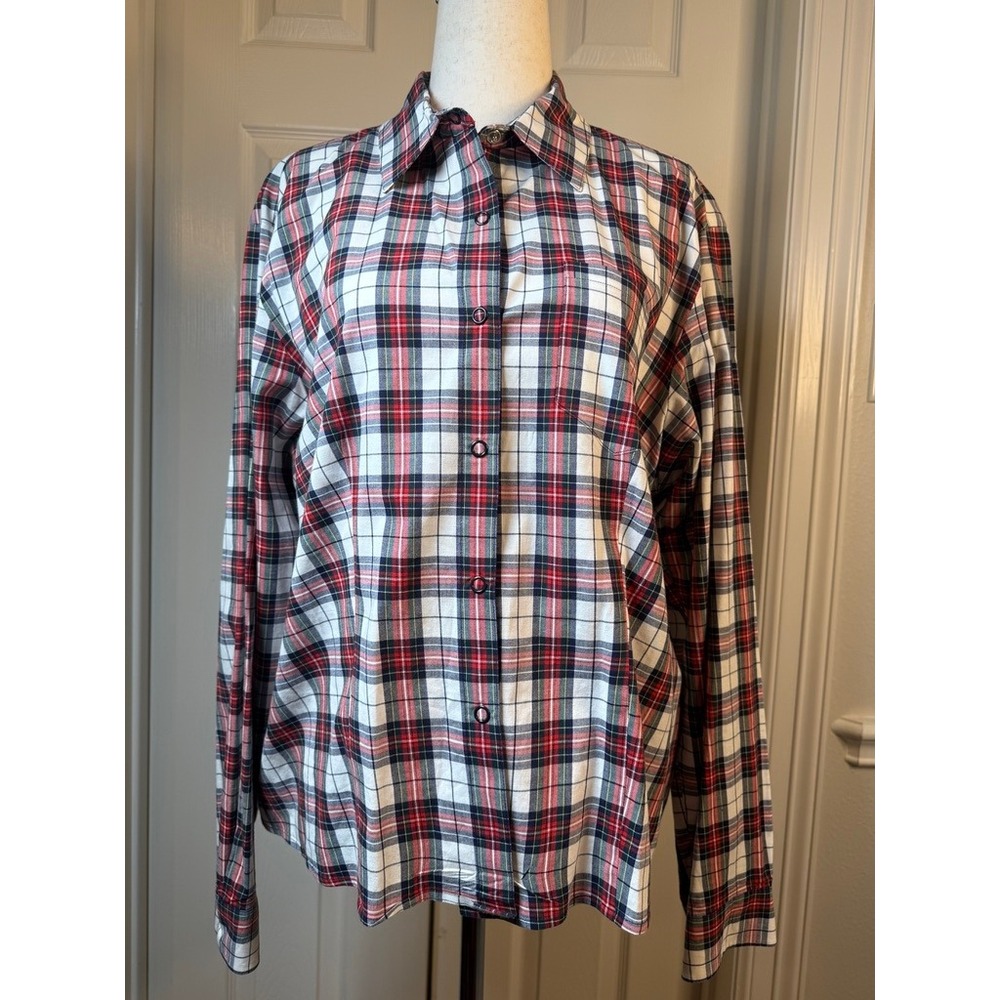Tommy Hilfiger Womens Red White Blue Plaid Snap Front Shirt Size 16 Stretch